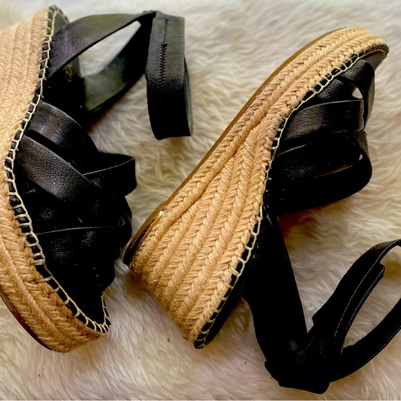 Franco Sarto Carmena Black Ankle Strap Espadrille Wedges with Gold Hardware - Picture 3 of 6